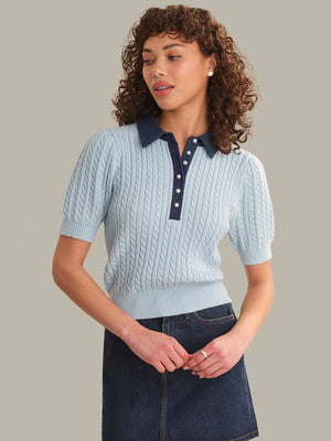525 America Astor Mini Cable Short Sleeve Sweater in Denim Mix