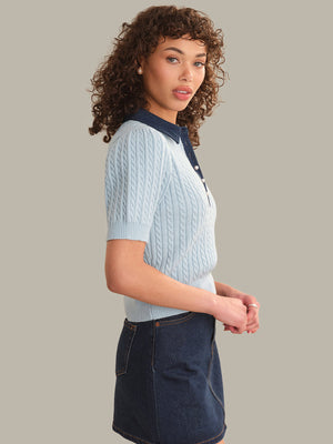525 America Astor Mini Cable Short Sleeve Sweater in Denim Mix