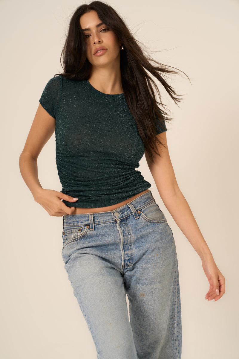 Project Social T Magic Moment Ruched Side Top in Midnight Pine