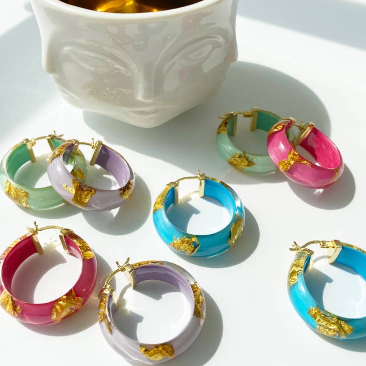 Gold & Honey Gold Leaf Hoops in Turquoise