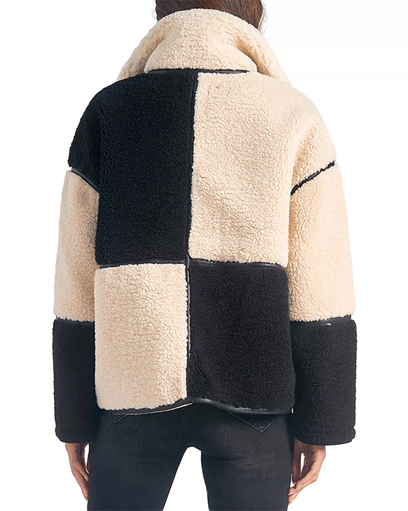 Elan Faux Shearling Color Blocked Coat in Black/White