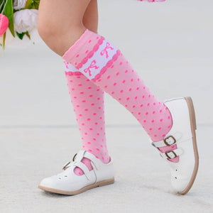 Little Stocking Co Pink Bow Scalloped Knee Socks