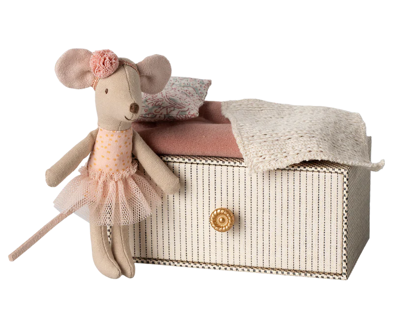 Maileg Little Sister Dancing Mouse in a Daybed