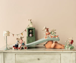 Maileg Tricycle Mouse, Big Brother with Bag in Mint