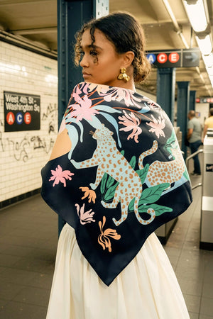 Jessie Zhao New York Double Sided Silk 35" Scarf in Night Garden Jungle Gathering