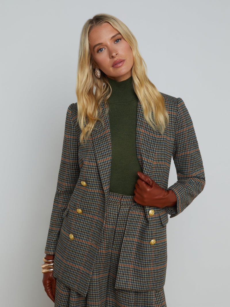 L'Agence Aimee Relax Double Breasted Blazer Tan/Teal Plaid