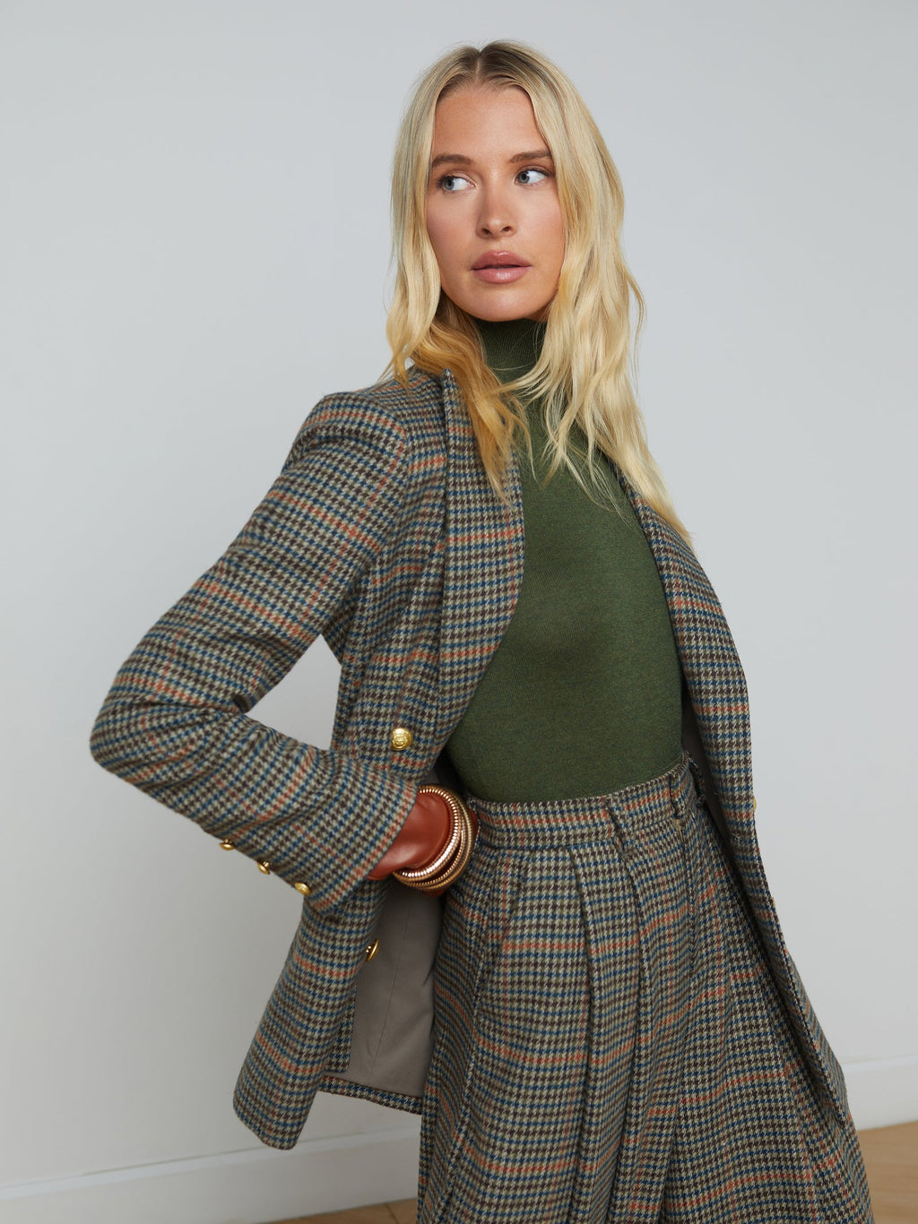 L'Agence Aimee Relax Double Breasted Blazer Tan/Teal Plaid