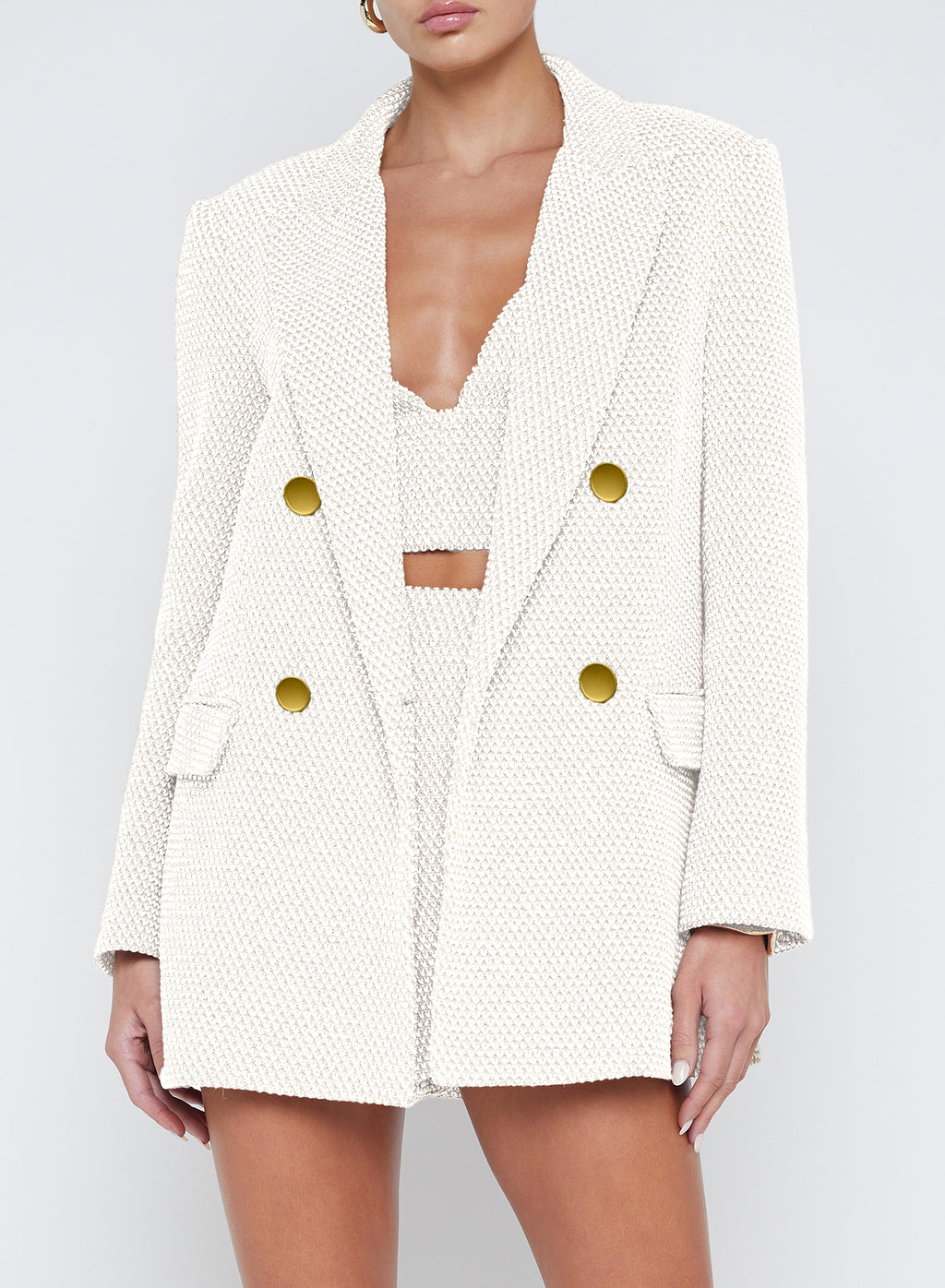 L'Agence Riva Knit Double Breasted Blazer in White/Ivory