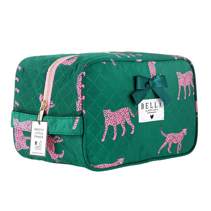 Bella Sleep Spa Quilted Cosmetic Bag in Green + Cheetahs