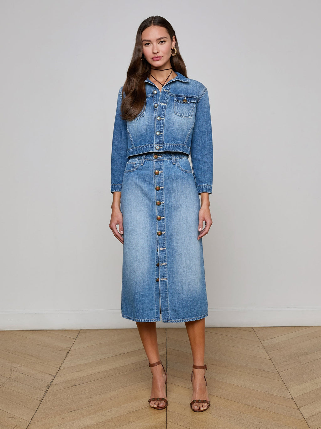 L'Agence Kathleen Button Front Denim Skirt in Bandera