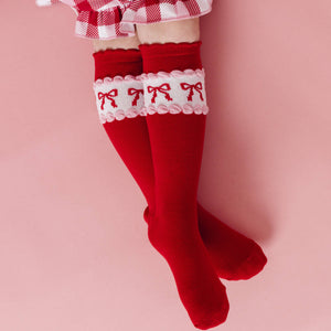 Little Stocking Co Red & Pink Bow Scalloped Knee High Socks