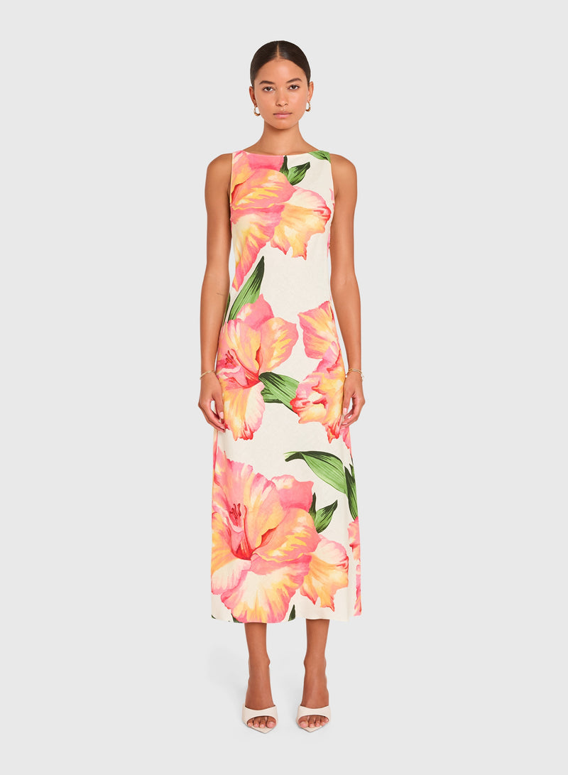 amanda uprichard midi dress Sleeveless Margo Hibiscus in Print Linen | M neckline: High Neck US SIZE:16W Pair with delicate gold Adore Bridal | Peoria