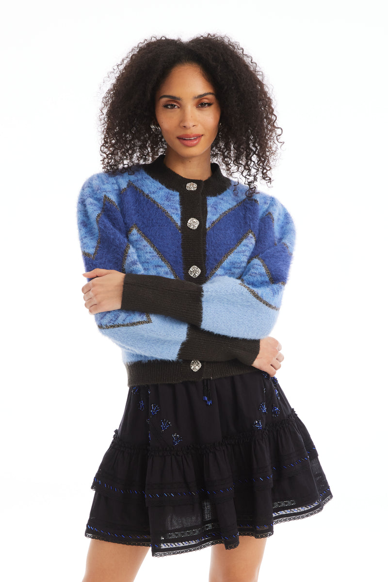 Allison Fuzzy Chevron Cardigan in Blue Multi