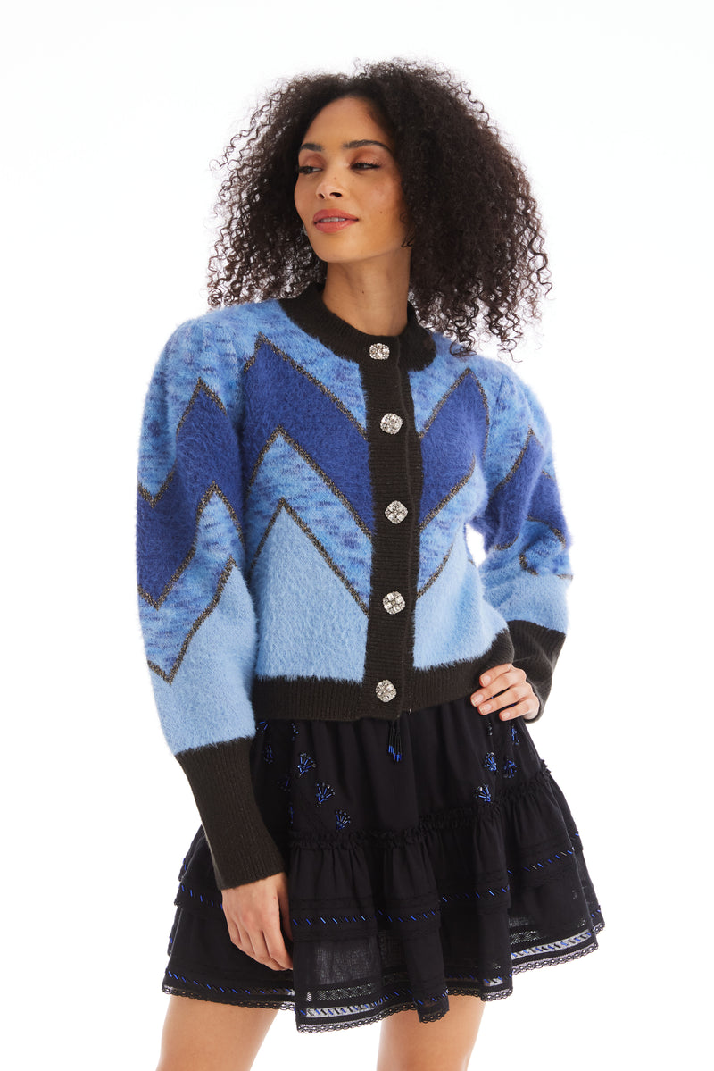 Allison Fuzzy Chevron Cardigan in Blue Multi