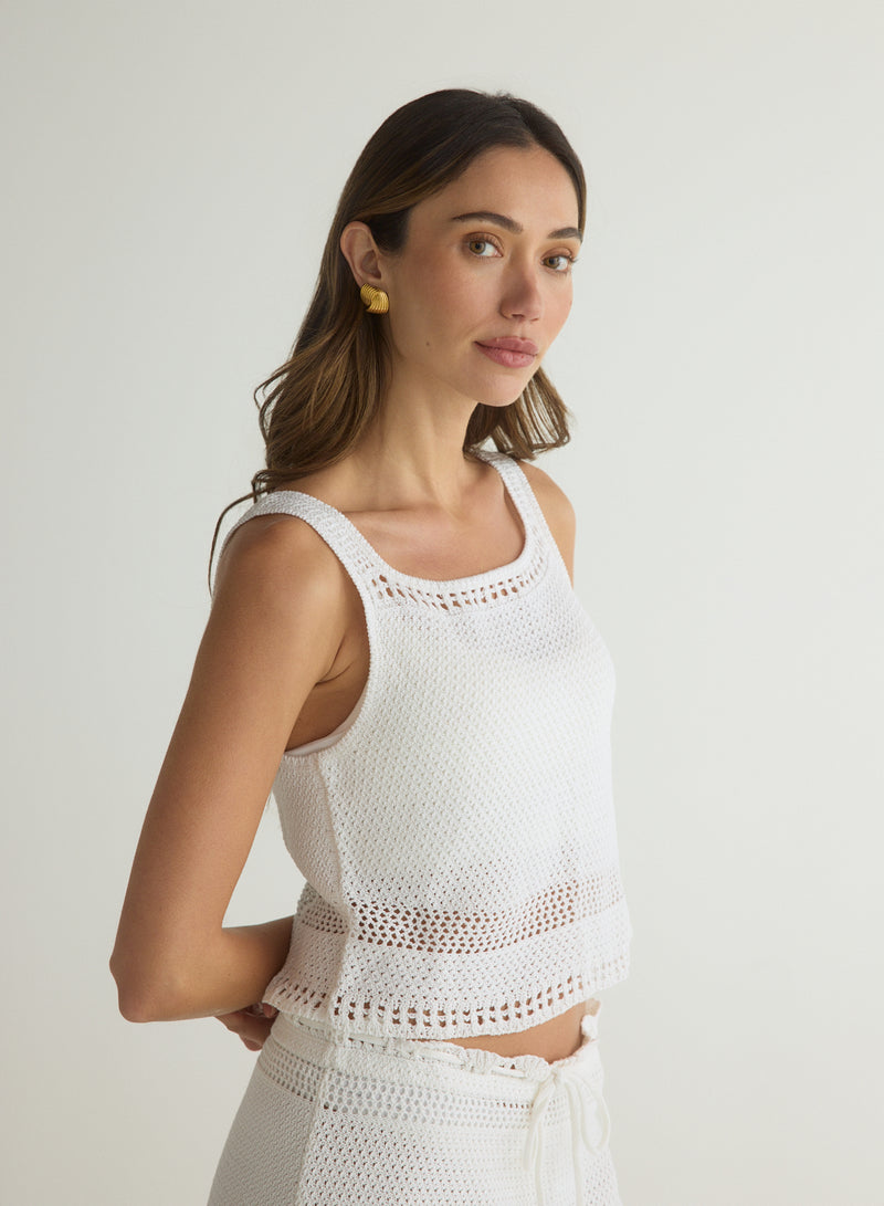 Bella Dahl Sleeveless Button Back Crochet Top in White