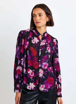 Bella Dahl Shirred Button Up Blouse in Berry Bloom