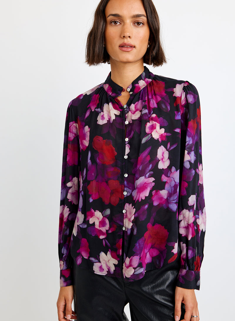 Bella Dahl Shirred Button Up Blouse in Berry Bloom