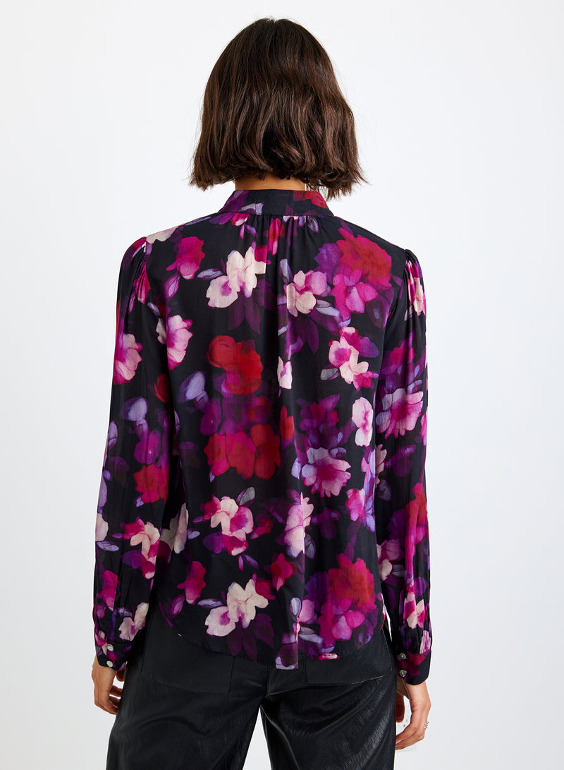 Bella Dahl Shirred Button Up Blouse in Berry Bloom