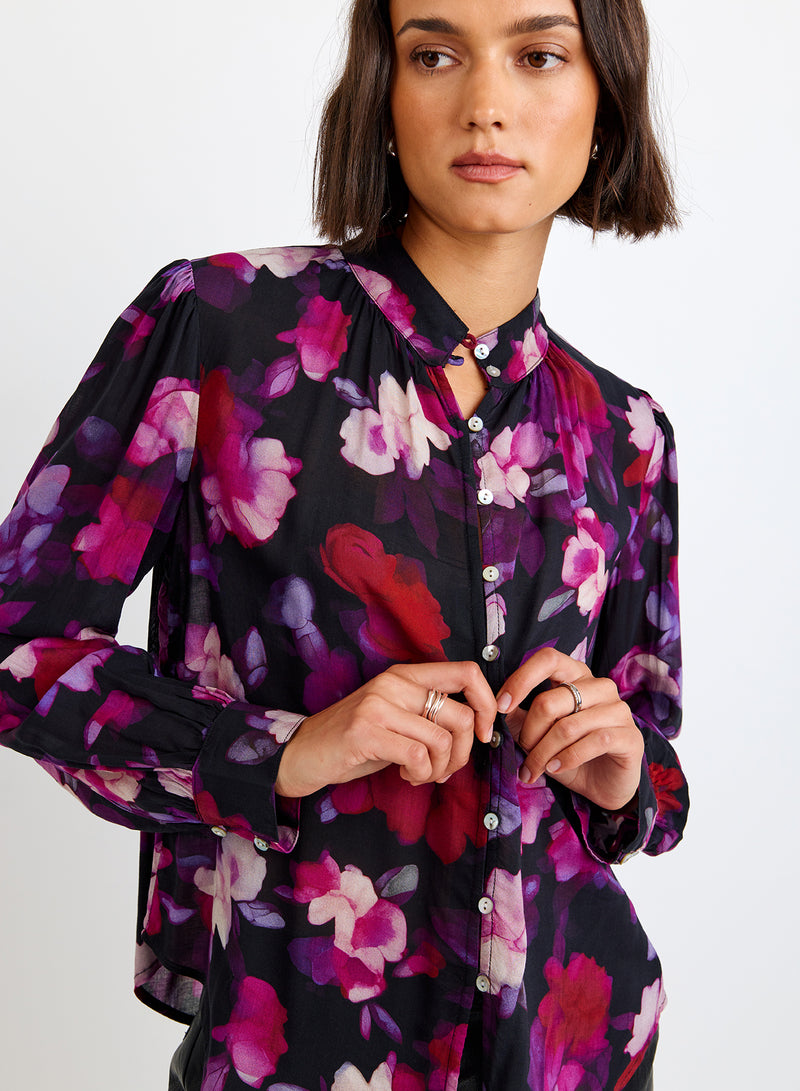 Bella Dahl Shirred Button Up Blouse in Berry Bloom