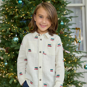 Pink Chicken Boys Jack Shirt in Tree Farm Embroidery