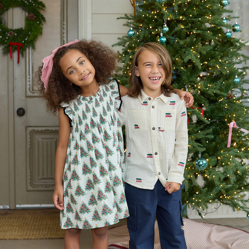 Pink Chicken Boys Jack Shirt in Tree Farm Embroidery