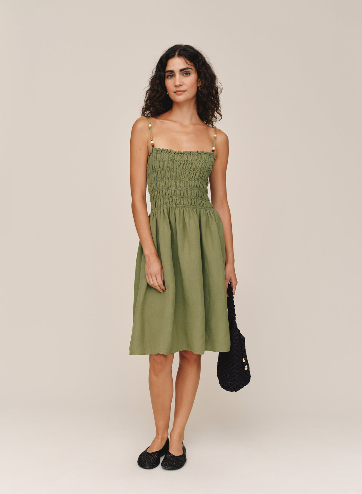 B60015-W94-302 - SMOCKED DRESS WITH BEADED STRAPS
