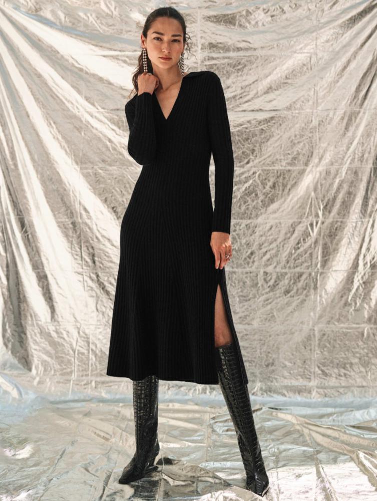 White + Warren Cashmere Blend Ribbed Polo Dress in Black
