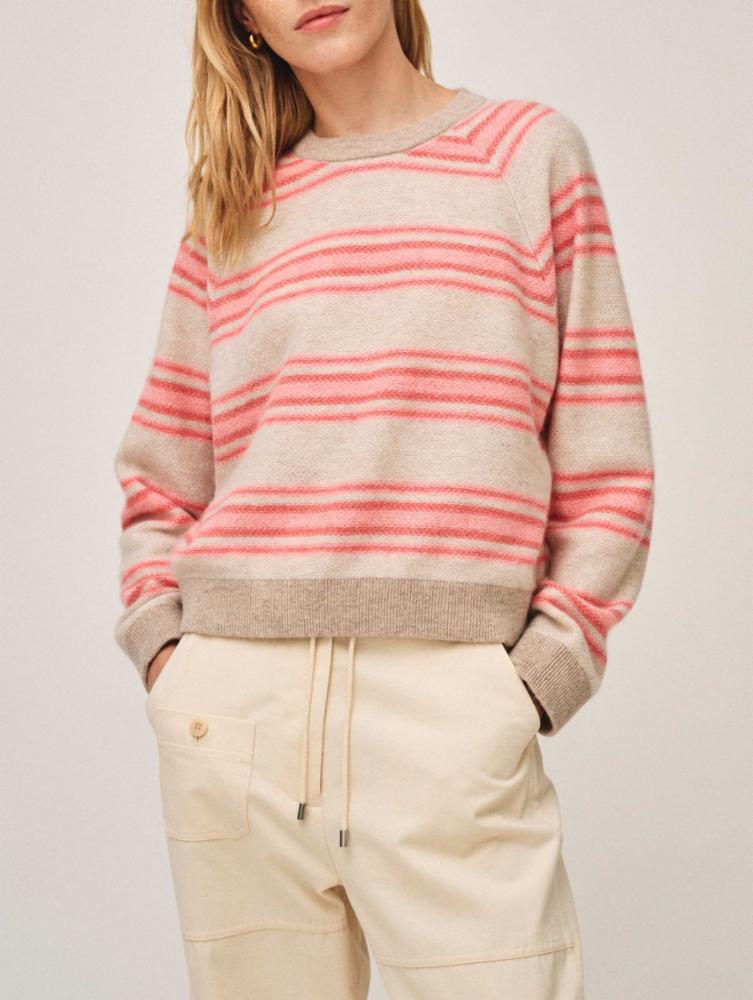 White + Warren Cashmere Blanket Striped Sweatshirt in Pink Combo