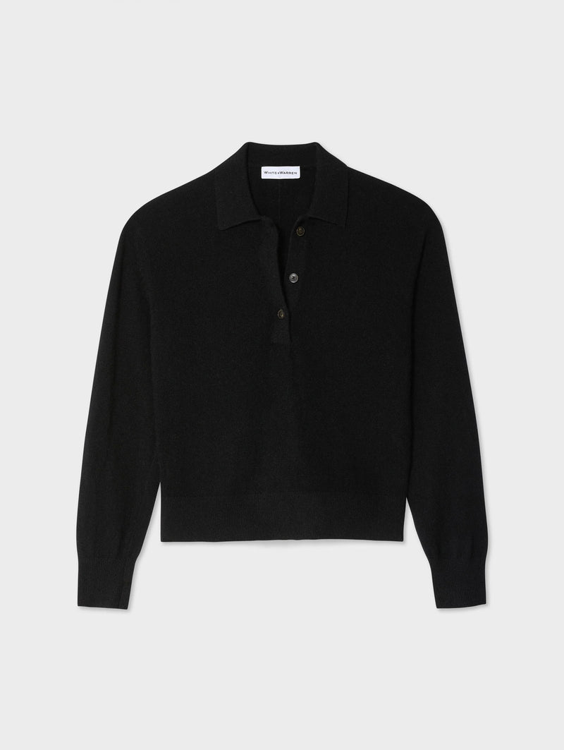 White + Warren Cashmere Polo Top in Black