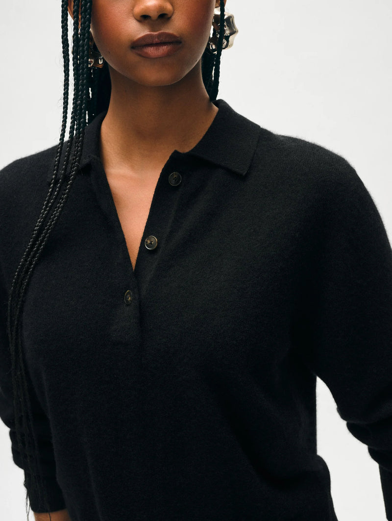 White + Warren Cashmere Polo Top in Black