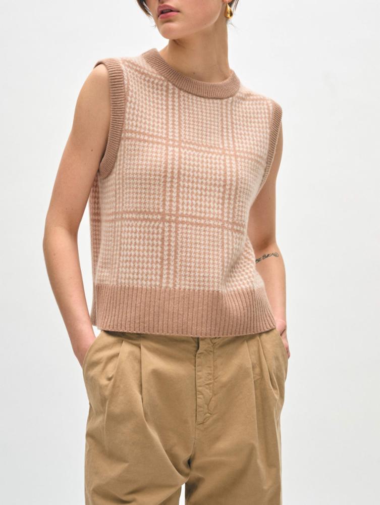 White + Warren Cashmere Brushed Houndstooth Shell in Camel