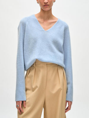 White + Warren Brushed Easy V-neck Sweater in Misty Blue