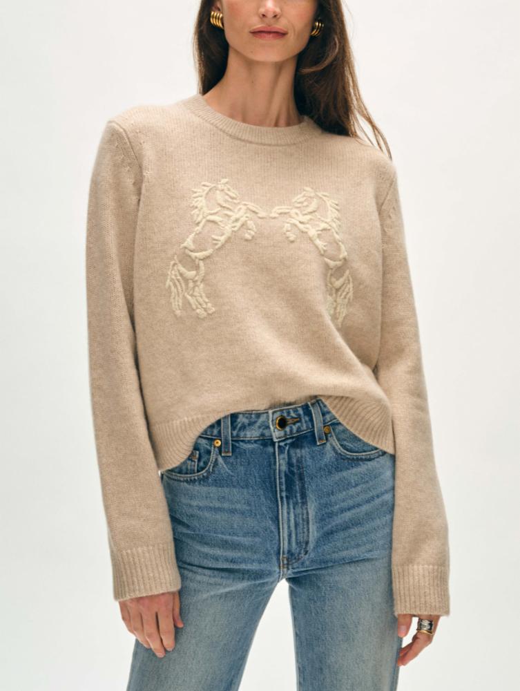 White + Warren Horse Embroidered Crew Sweater in Sand Wisp/Ivory