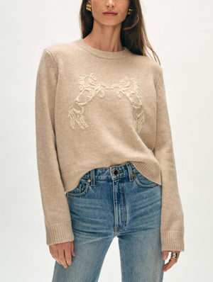 White + Warren Horse Embroidered Crew Sweater in Sand Wisp/Ivory