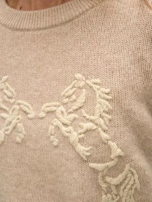 White + Warren Horse Embroidered Crew Sweater in Sand Wisp/Ivory