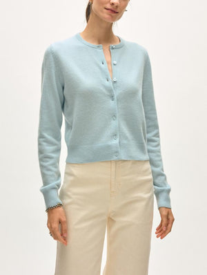 White + Warren Cashmere Crewneck Cardigan in Blue Fog
