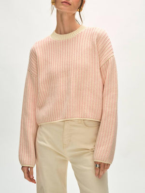 White + Warren Two Tone Textured Crew in Ivory/Faded Rose