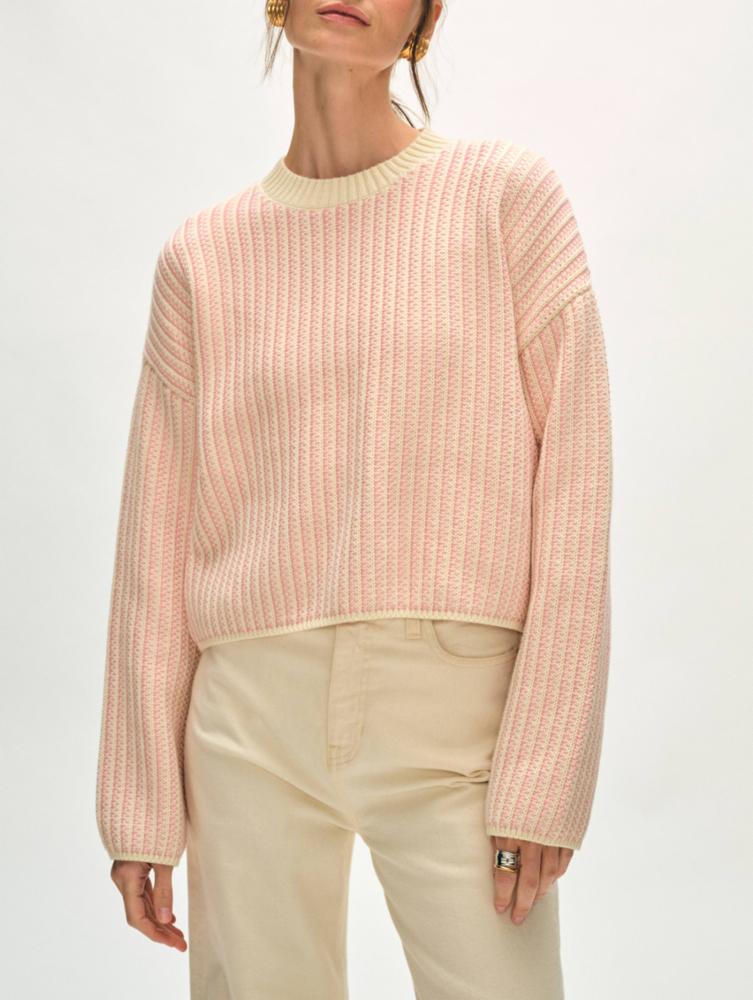 White + Warren Two Tone Textured Crew in Ivory/Faded Rose