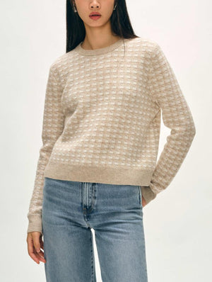 White + Warren Cashmere Gingham Crew in Sand Wisp Heather