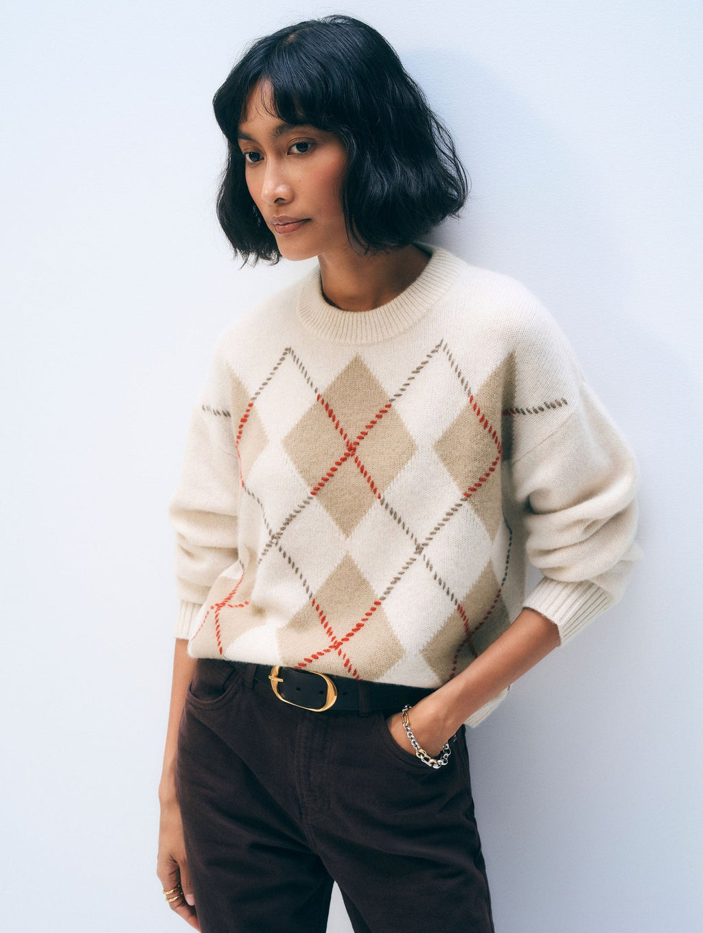 White + Warren Cashmere Argyle Crewneck in Natural Combo