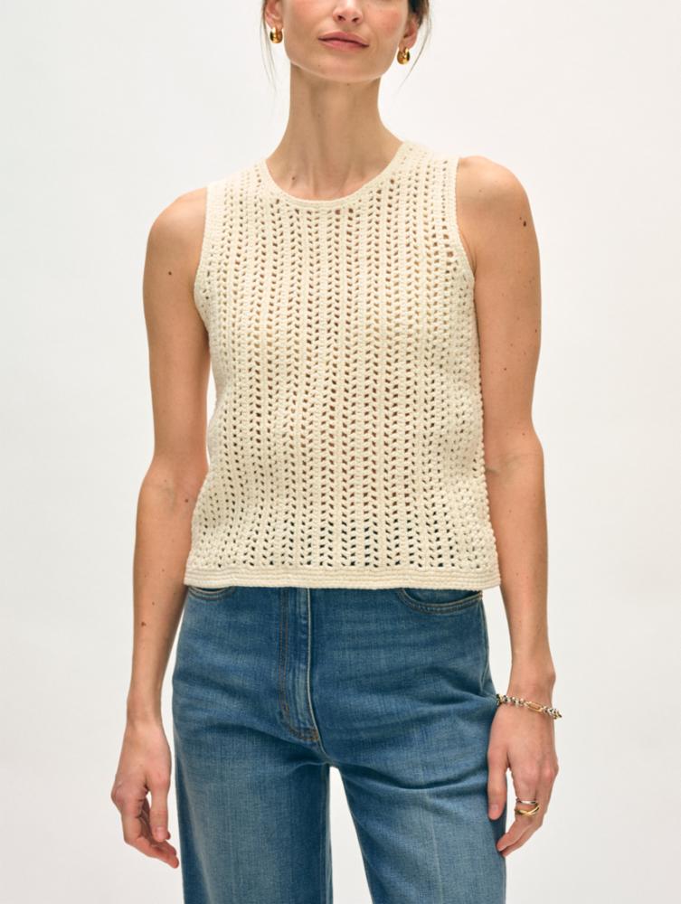 White + Warren Lofty Cotton Crochet Tank in Ivory
