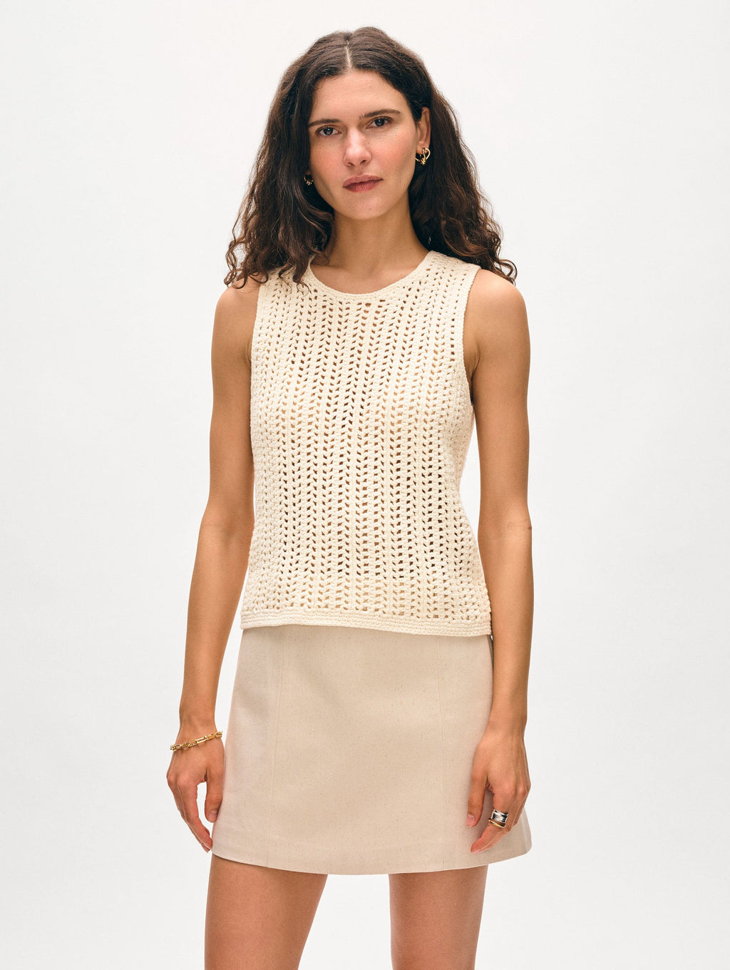 White + Warren Lofty Cotton Crochet Tank in Ivory