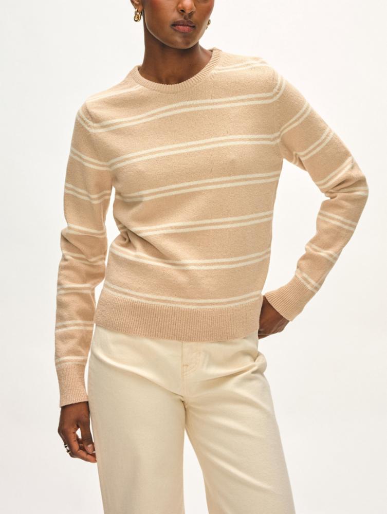 White + Warren Cotton Boucle Stripe Sweater in Tan/Ivory