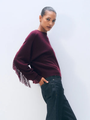 White + Warren Cashmere Blend Luxe Fringe Crew in Oxblood