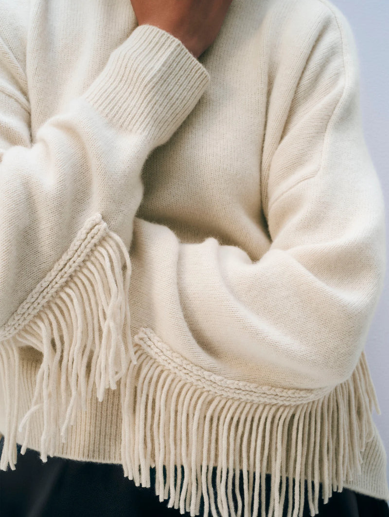 White + Warren Cashmere Blend Fringe Crew Sweater in Ivory