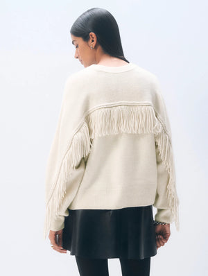 White + Warren Cashmere Blend Fringe Crew Sweater in Ivory