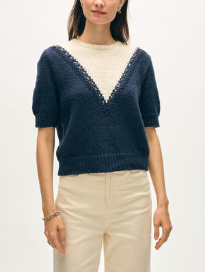 White + Warren Cotton Boucle Pointelle Sweater in Navy/Ivory