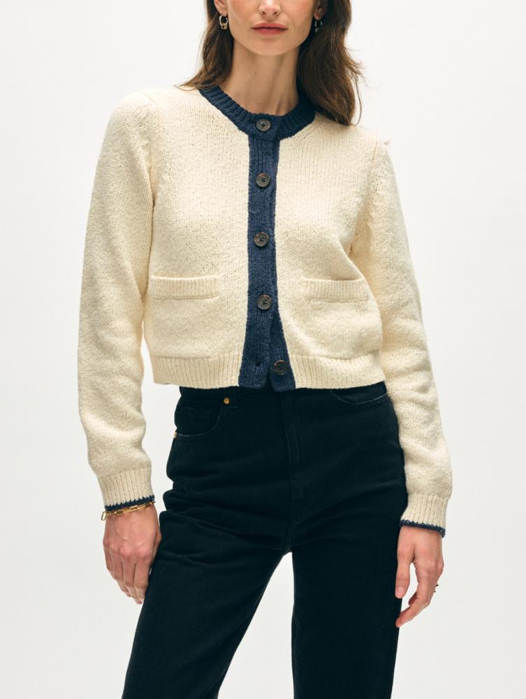White + Warren Cotton Boucle Cardigan in Ivory/Navy
