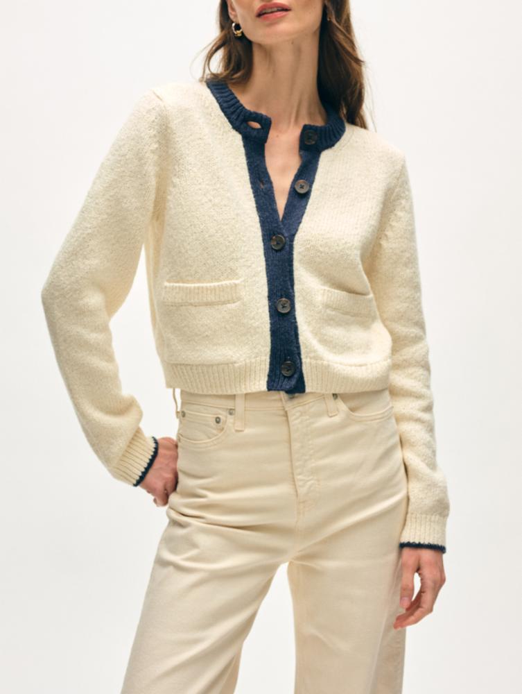 White + Warren Cotton Boucle Cardigan in Ivory/Navy