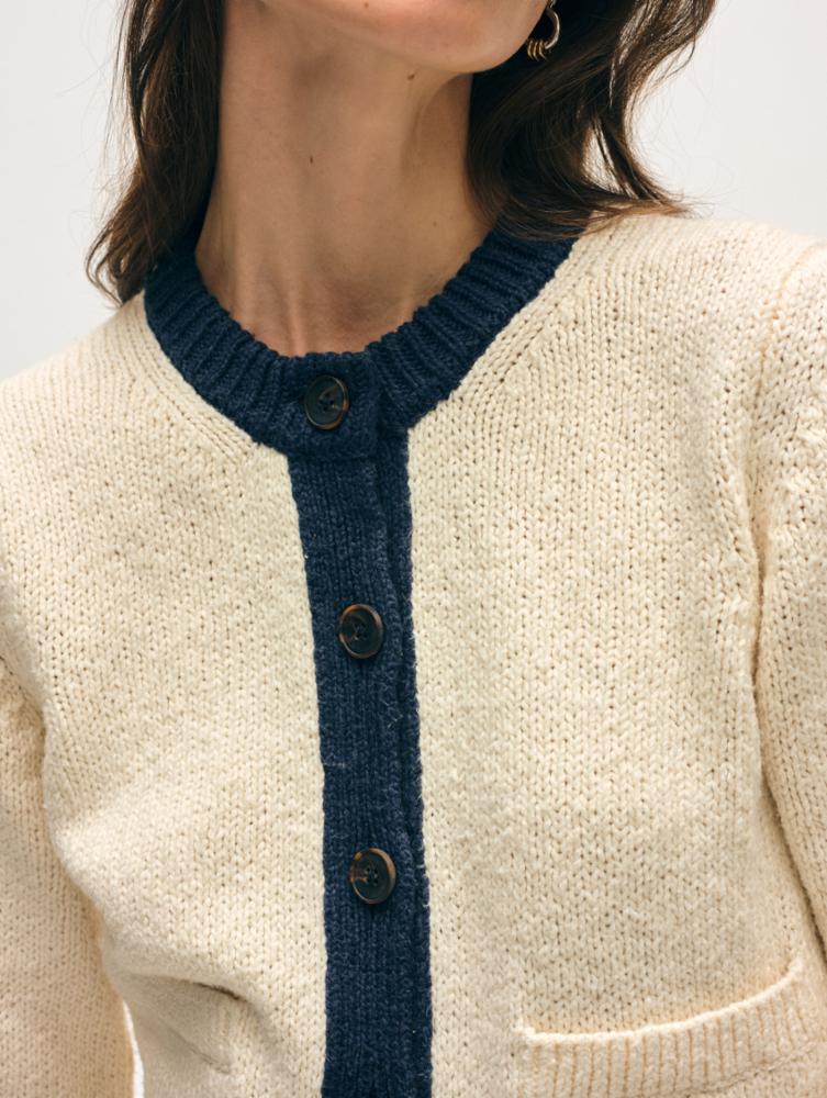White + Warren Cotton Boucle Cardigan in Ivory/Navy